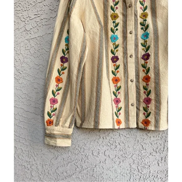 SEZANE Yellow Ecru Pink Striped Floral Embroidered Button Down Aina Blouse Shirt - Picture 4 of 16